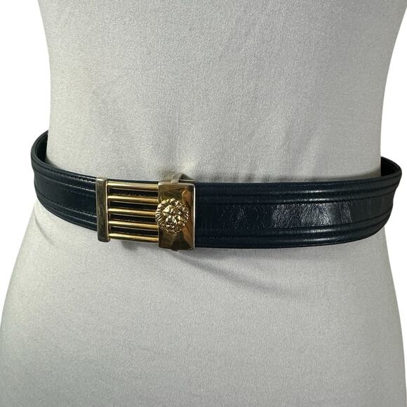 Vintage 1980s Anne Klein NAvy Blue Leather Belt with Lion Buckle S/M - Picture 2 of 7